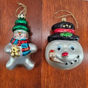 Christmas Tree Ornaments Snowman Gingerbread Man Glass Holiday Decor Set‎ of 2